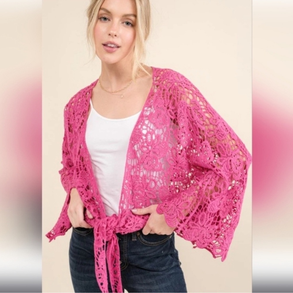 And The Why Pink Crochet Lace Tie Front Kimono Top Boho One Size NWT